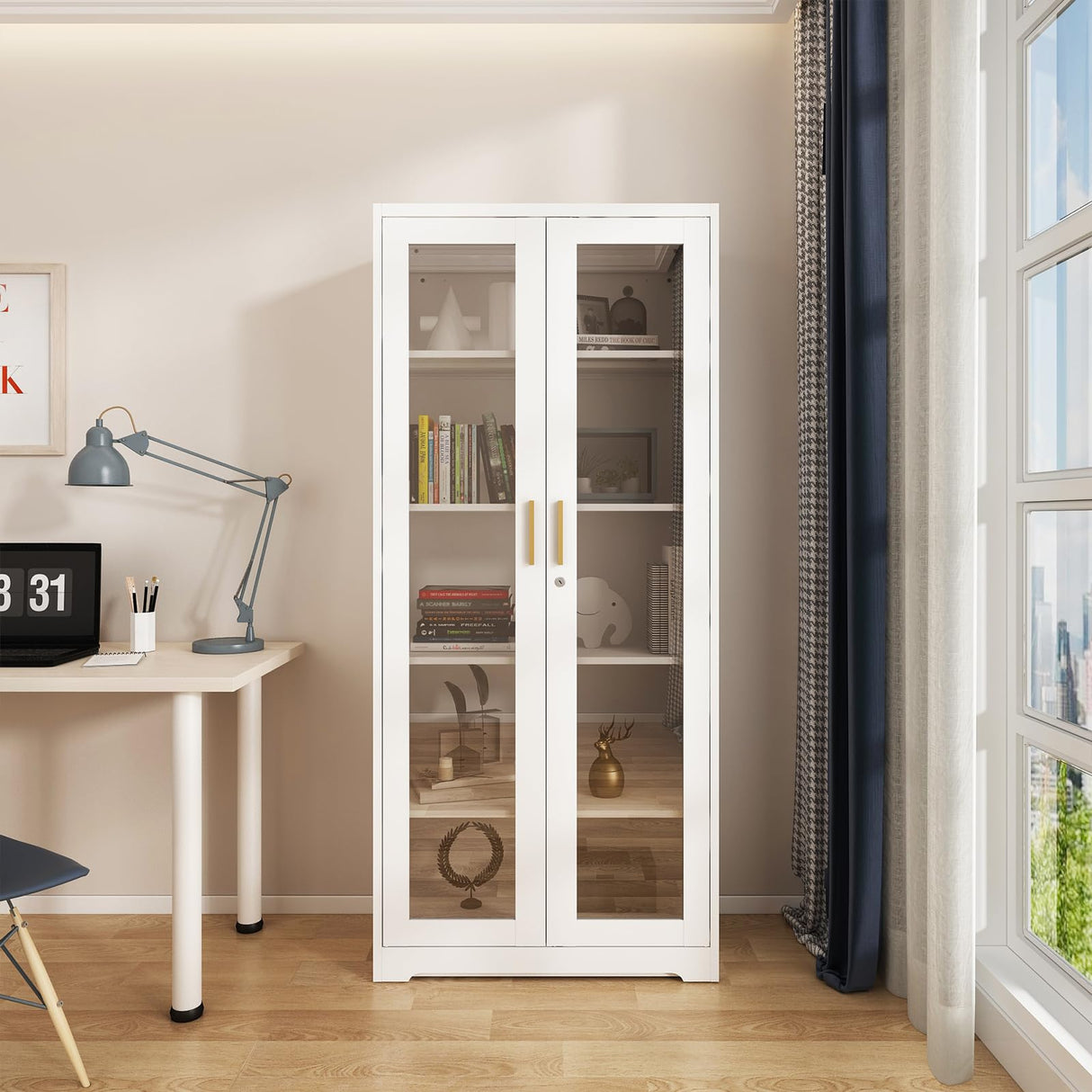 71" Glass Display Cabinet, Metal Storage Cabinet with Glass Doors, Curio Display Cabinet with 4 Adjustable Shelves, White Locking Cabinet for Living Room, Kitchen, Hallway, Office - Assembly Required MetalMax