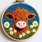 DIY Punch Needle Kits for Beginners Cute Cartoon Highland Cow with Daisy Flower with Hoop Embroidery Punch Needle Starter Craft Set Easy for Adults and Children Festival Gift and Decoration 20x20cm-1 Generic