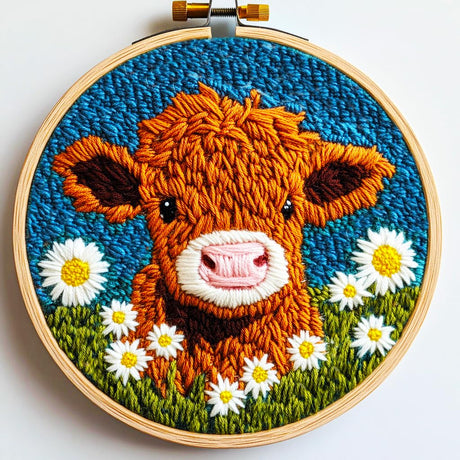 DIY Punch Needle Kits for Beginners Cute Cartoon Highland Cow with Daisy Flower with Hoop Embroidery Punch Needle Starter Craft Set Easy for Adults and Children Festival Gift and Decoration 20x20cm-1 Generic