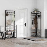 GiftGo Grey Corner Hall Tree with Shoe Bench Entryway Coat Rack with 10 Metal Movable Hooks Rustic Farmhouse Floorstanding Clothes Rack Shoes Shelf Organizer for Home Office Bedroom (Greige) GiftGo