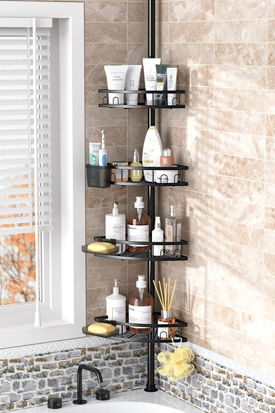 Foukus Tension Pole Shower Caddy Corner: Adjustable 4tier Bathroom Organizer Shelves - Rustproof Bathtub Shampoo Rack 43.5-120 inch