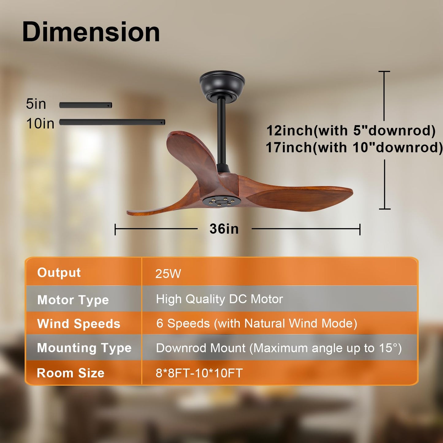 BOJUE 36 Inch Solid Wood Ceiling Fans Without Lights, 6 Speeds,Reversible DC Motor, Noisless, Black Ceiling Fan No Light, Modern Indoor Outdoor Ceiling Fan with Remote for Patio Living Room Bedroom