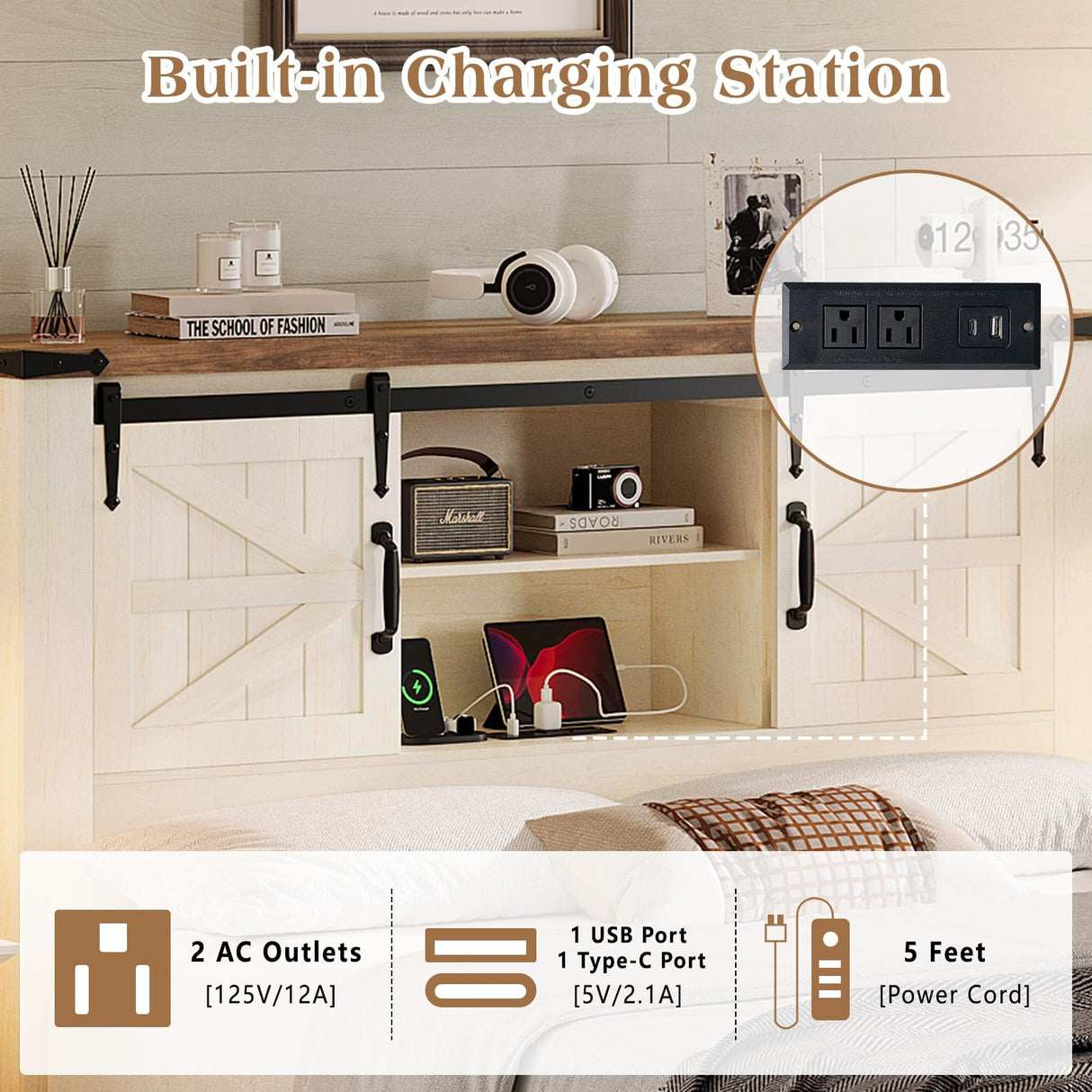 LUXOAK Farmhouse Bed Frame with Sliding Barn Door Storage Headboard, Full Size Bookcase Bed with Charging Station & Adjustable Shelf, No Box Spring Needed, Antique White LUXOAK