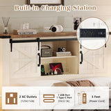 LUXOAK Farmhouse Bed Frame with Sliding Barn Door Storage Headboard, Full Size Bookcase Bed with Charging Station & Adjustable Shelf, No Box Spring Needed, Antique White LUXOAK