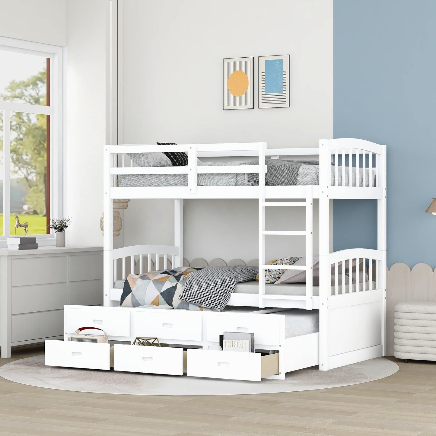 Harper&Bright Designs Twin Over Twin Bunk Bed with Twin Trundle, 3 Storage Drawers, Safety Rail, and Removable Ladder, Can be Separated into 3 Bed, White