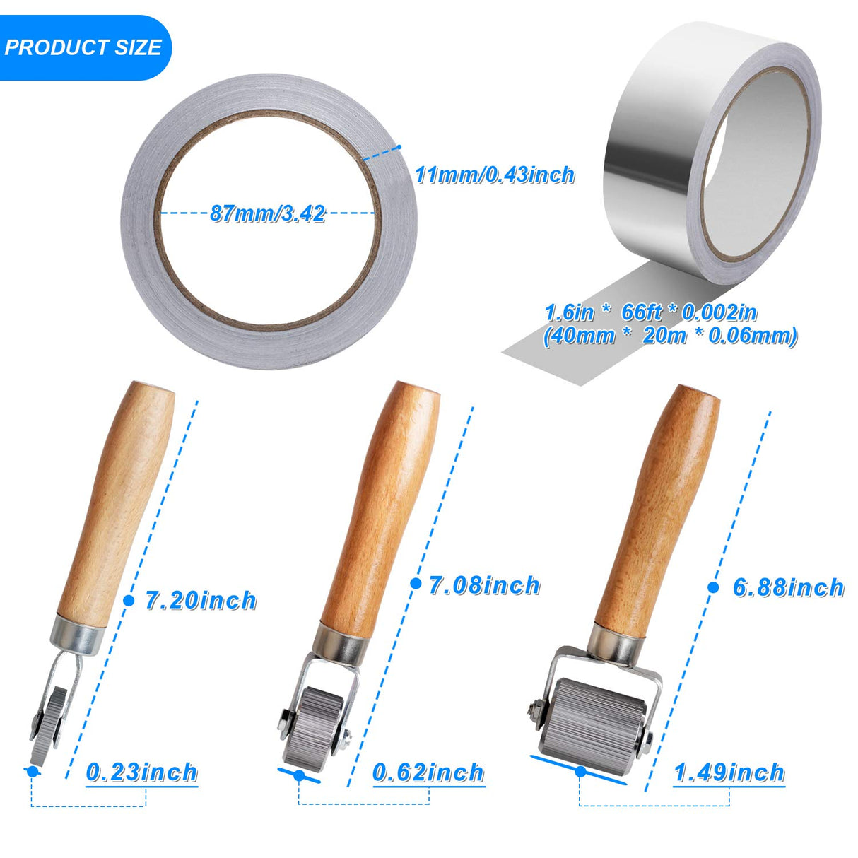 FCHO Car Sound Deadening Roller Metal Installation Tool 3 Pcs Seam Roller with 66 Feet Aluminum Foil Tape Finishing Sealing Tape, for Car Sound Deadening Installation FCHO