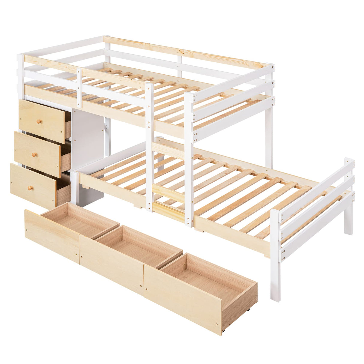 Bunk Bed Twin Over Twin with 6 Storage Drawers, Solid Wood Bunk Beds with Guardrails and Ladders for Kids Boys Girls Teens, No Box Spring Needed (Twin Over Twin Bunk Beds, Natural) Harper & Bright Designs