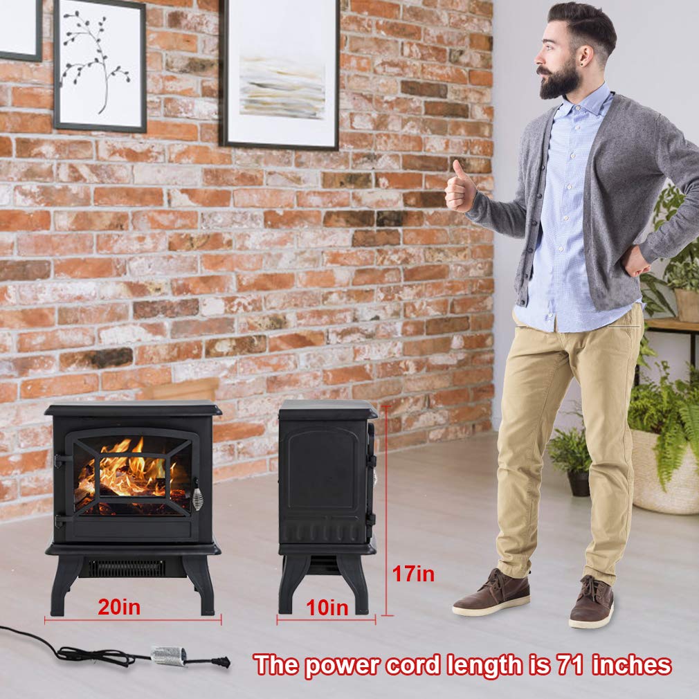 FDW Electric Fireplace Heater 20" Freestanding Fireplace Stove Portable Space Heater with Thermostat for Home Office Realistic Log Flame Effect 1500W CSA Approved Safety 20"Wx17"Hx10"D,Black