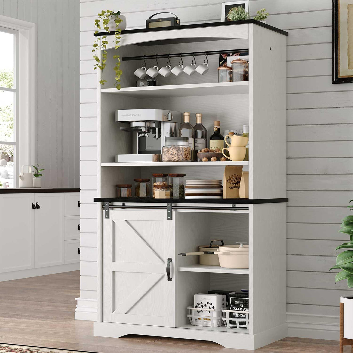 4ever2buy Farmhouse Tall Coffee Bar with Tall Hutch, White Coffee Bar Cabinet with 3 Tier Shelves, 70 Inch Buffet Cabinet with Sliding Barn Door and Adjustable Shelves for Living Dining Room 4ever2buy
