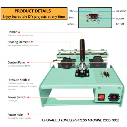 Tumbler Heat Press Machine 110V Mug Tumbler Press for 30 OZ 20 OZ 16 OZ Straight Sublimation Blanks Skinny Tumblers, 11OZ 10 OZ Ceramic Mugs Heat Transfer Print with Overheat Protection