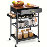 TOOLF Kitchen Island Cart with Drawer, Rolling Kitchen Service Cart with Wooden Tabletop, 3-Tier Storage Cart on Wheels, Storage Trolley Cart with Hooks for Kitchen, Dining Room TOOLF