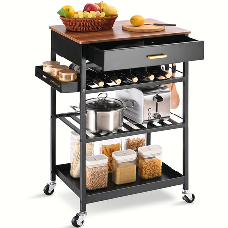 TOOLF Kitchen Island Cart with Drawer, Rolling Kitchen Service Cart with Wooden Tabletop, 3-Tier Storage Cart on Wheels, Storage Trolley Cart with Hooks for Kitchen, Dining Room TOOLF