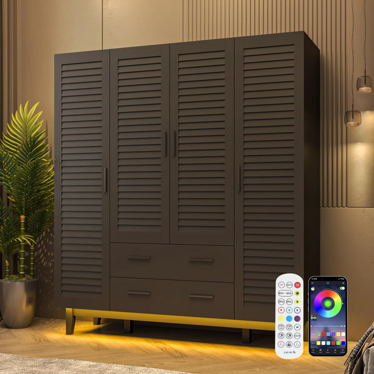 jiteentarou 4 Door Armoire Wardrobe Closet Cabinet with Drawers and LED Lights, Multi-Tier Shelves, Hanging Rod & Louver Doors, Large Capacity Storage Wardrobe Armoire for Bedroom(4 Doors Black) jiteentarou