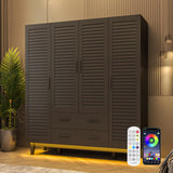jiteentarou 4 Door Armoire Wardrobe Closet Cabinet with Drawers and LED Lights, Multi-Tier Shelves, Hanging Rod & Louver Doors, Large Capacity Storage Wardrobe Armoire for Bedroom(4 Doors Black) jiteentarou