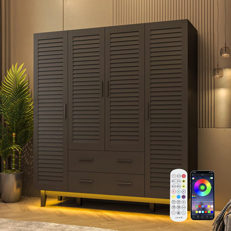 jiteentarou 4 Door Armoire Wardrobe Closet Cabinet with Drawers and LED Lights, Multi-Tier Shelves, Hanging Rod & Louver Doors, Large Capacity Storage Wardrobe Armoire for Bedroom(4 Doors Black) jiteentarou