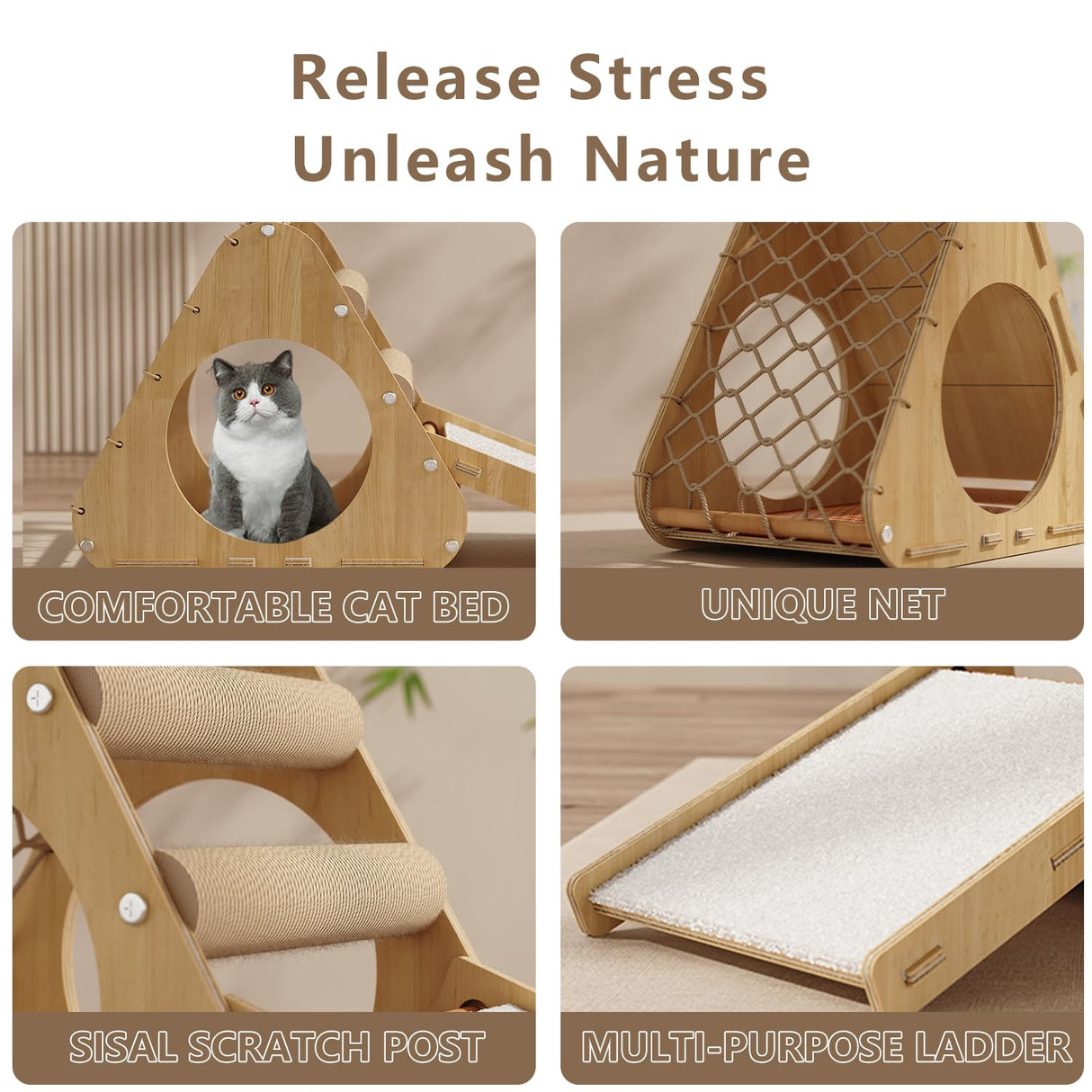 Wooden Cat Tree Tower for Indoor Cats, Scratching Post, Modern Cat Tree Cat Condo, Double-Sided Mat, Ladder with Anti-Scratch Pads, Climbing Web Compact Design (Normal) KWOJU