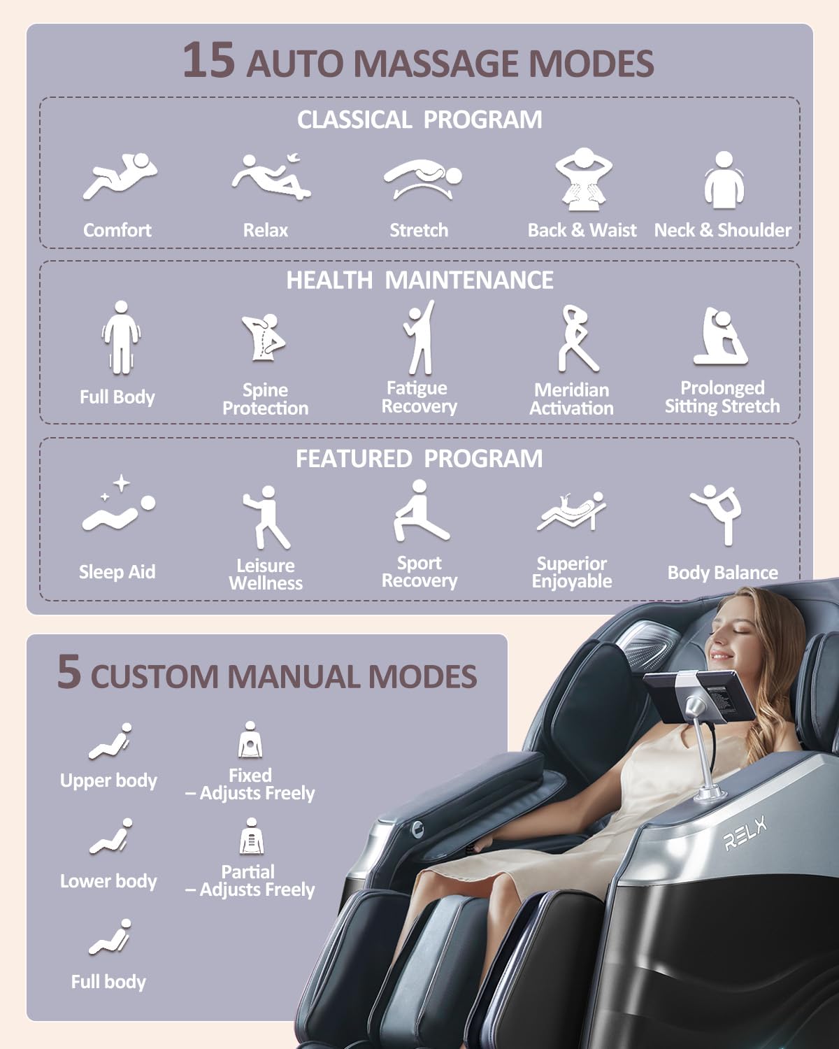 RELX 2026 Massage Chair Full Body, 20 Modes Zero Gravity SL-Track Shiatsu Massage Chair Built-in Heat System, Airbag Massage with Body Scan, Deep Yoga Stretch, Calfrest Extension and AI Control(Black) RELX