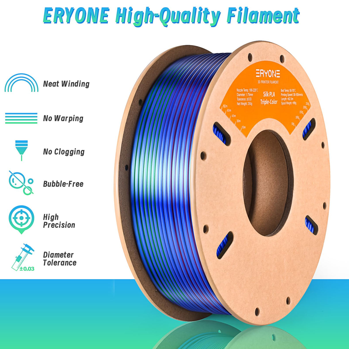 ERYONE Silk Tri Color PLA Filament 3D Printer 1.75mm +/- 0.03mm, Multicolor Filament Tricolor PLA 250G(0.55lbs) Cardboard Spool, Red Blue Green ERYONE