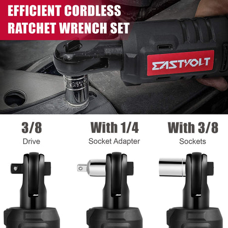 Eastvolt 12V Cordless Electric Ratchet Wrench Set, 3/8 Inch 35 Ft-lbs Power Wrench Tool Kit with Fast Charger, 2.0Ah Lithium-Ion Battery, 7-Pieces 3/8 Inch Metric Sockets and 1/4" Adaptor, Black + Red Eastvolt