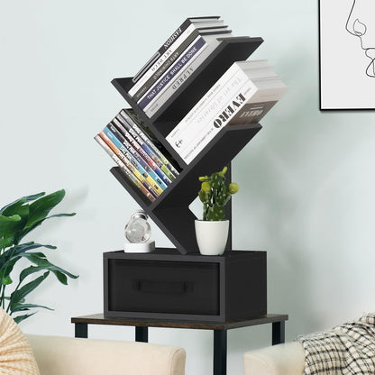 SHEEPAM 4-Tier Classic Black Tree Bookshelf with Drawer – Modern Wooden Desktop Bookcase for Organising Books and Collectibles - WoodArtSupply