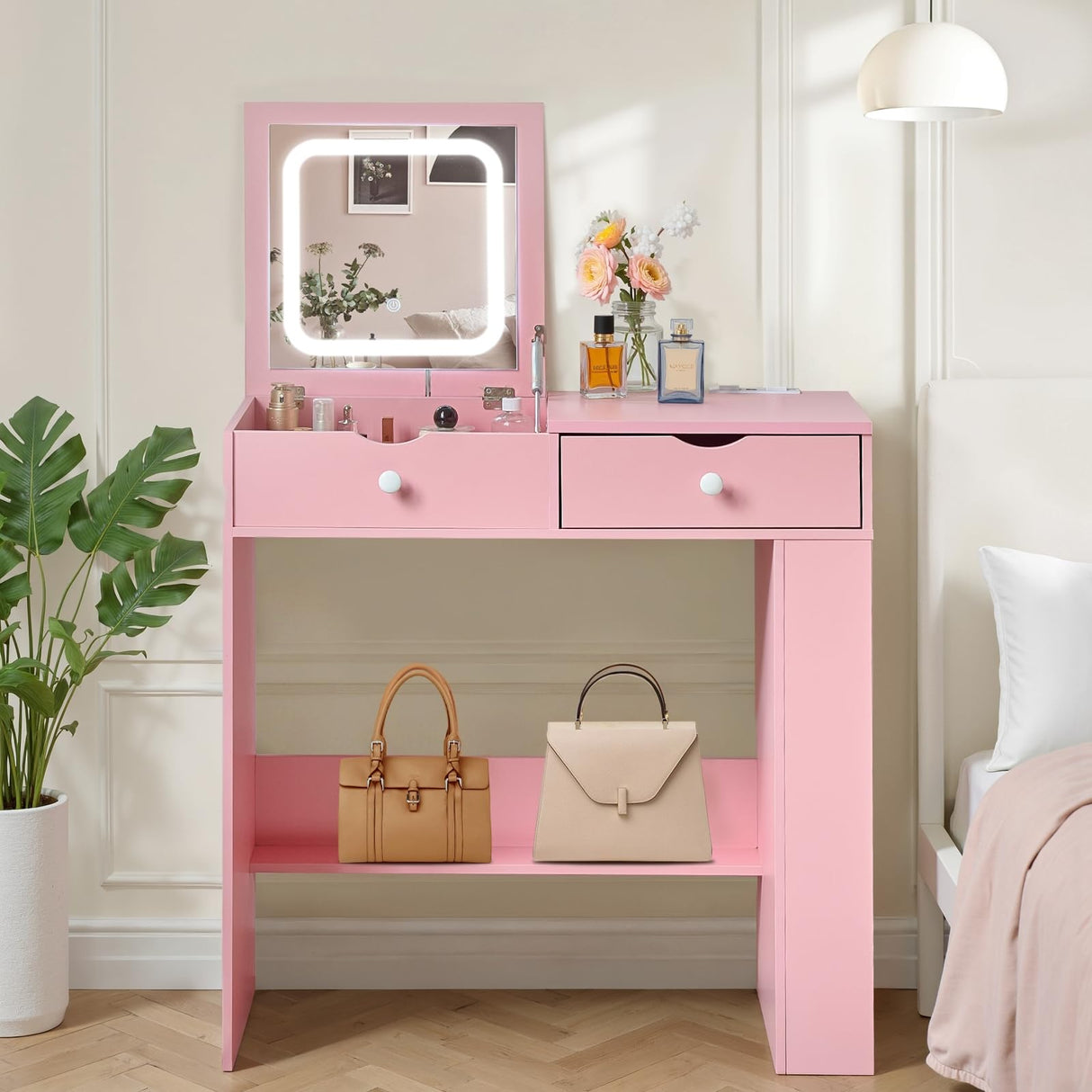 JanflyHome Small Vanity Desk with Flip Top Mirror, Modern Makeup Vanity Table with Power Outlet & Side Organizers, Dressing Table with Storage Compartment, Small Vanity Writing Desk for Bedroom, Pink JanflyHome