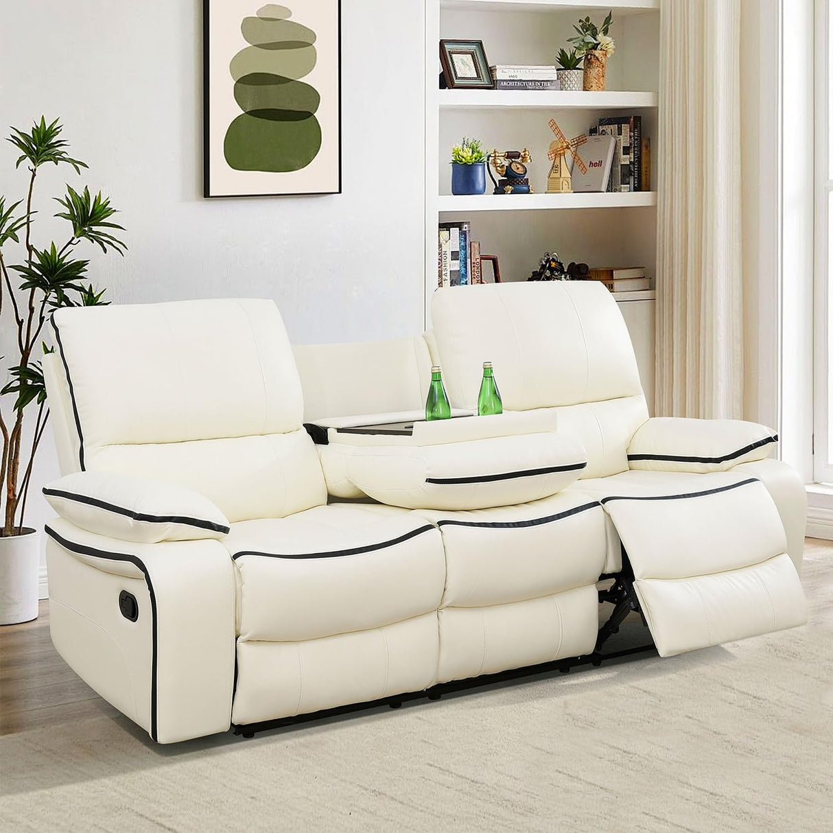 SIENWIEY Manual Recliner Sofa for Living Room,Faux Leather Double Reclining Couch for 3 Seats, Creamy White Leather Couch with Pull Down Coffee Table/Cup Holders(Sofa) SIENWIEY