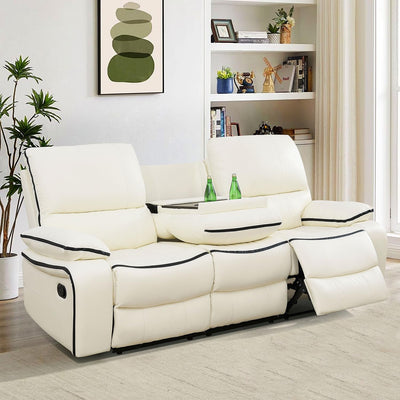 SIENWIEY Manual Recliner Sofa for Living Room,Faux Leather Double Reclining Couch for 3 Seats, Creamy White Leather Couch with Pull Down Coffee Table/Cup Holders(Sofa)