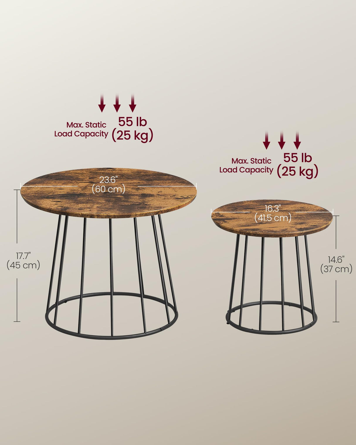 VASAGLE Round Coffee Tables, Set of 2, Modern Circle Side Tables with Steel Frame, for Living Room, Bedroom, Rustic Brown ULCT045K01 VASAGLE