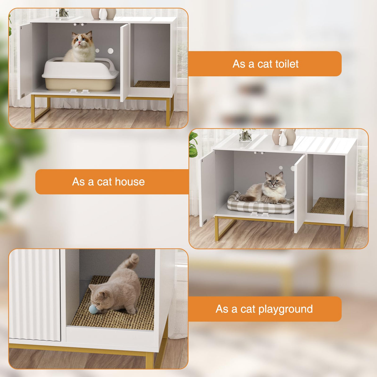 Cat Litter Box Enclosure, Fluted Hidden Litter Box Furniture with Scratch Pad and Metal Legs, Modern Enclosed Cat Cabinet, 31.5 x 17.7 x 21.7 Inches Indoor Pet House for Living Room, Washroom, White FiveWillowise