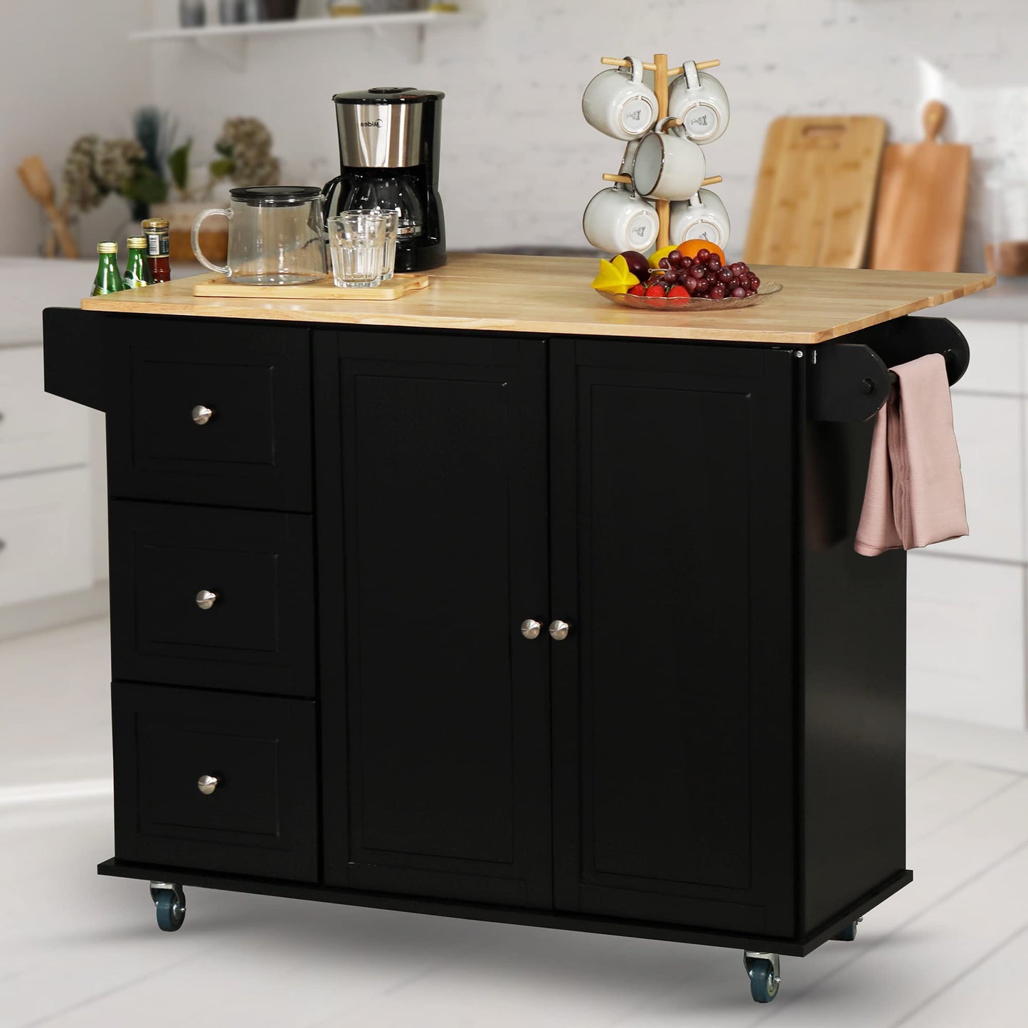 MFSTUDIO Rolling Kitchen Island on Wheels with Drop-Leaf, Mobile Kitchen Island Cart with 3 Drawers Storage Cabinet, Wood Countertop, Adjustable Shelf, Towel Bar and Spice Rack for Dining Roo - WoodArtSupply