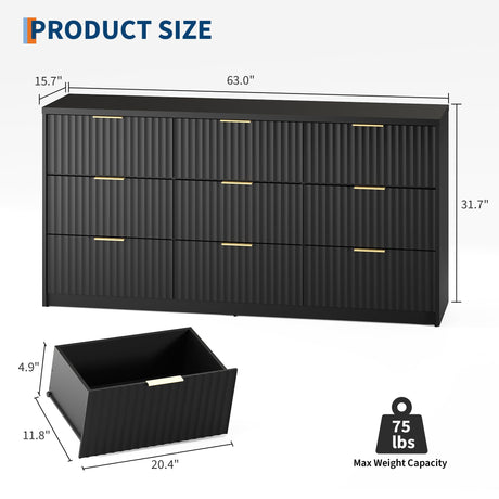 Fluted Dresser for Bedroom, 9 Drawer Dresser, Large Capacity & Anti-Tip, Modern Chest of Drawers with Metal Handles, Wooden Dressers Closet Storage Organizer for Living Room Hallway Entryway GarveeHome