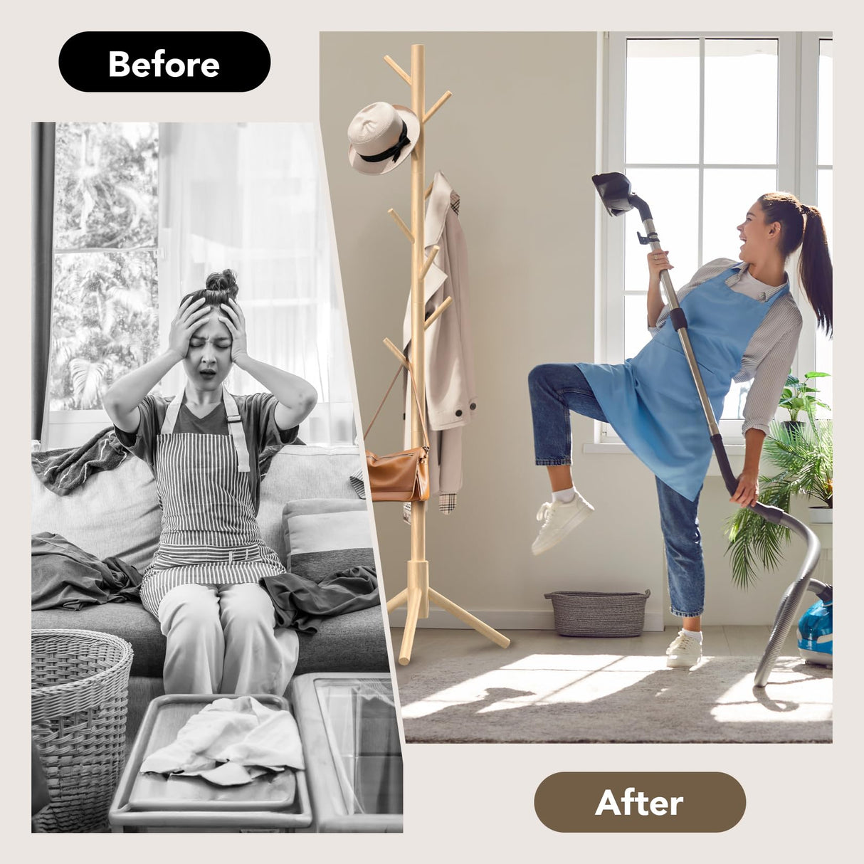 Hupmad Wooden Tree Coat Rack Stand,Sturdy Freestanding Coat Rack with 8 Hooks,3 Adjustable Height for Child Adult,Wood Coat Stand Tree Fits Entryway Bedroom Office for Bags,Hats Hupmad