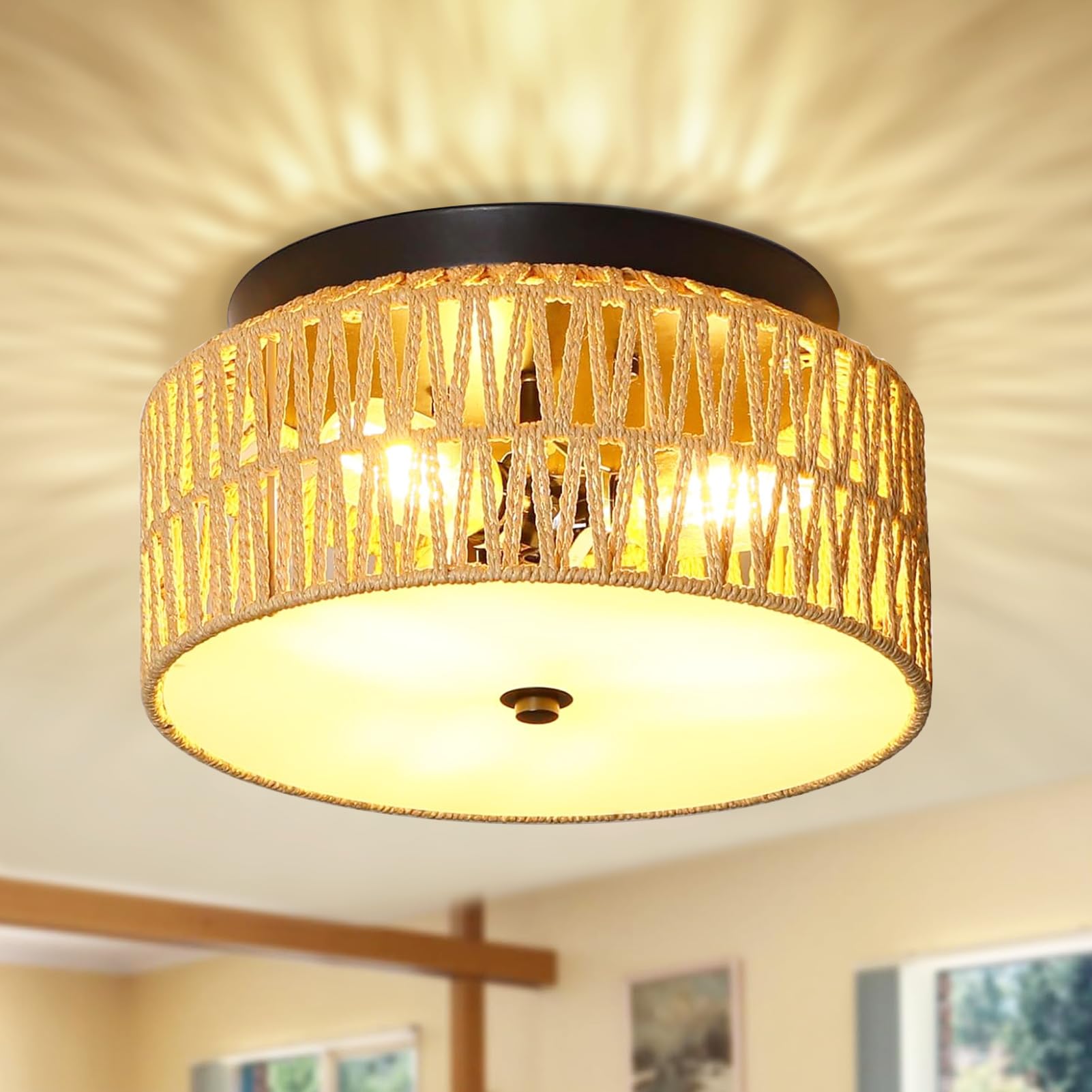 ANQIANYUE Rattan Flush Mount Ceiling Light, Boho Ceiling Light Fixture, 3-Lights Hand Woven Ceiling Light Fixture with PVC Plate for Hallway Bedroom Kitchen Entryway Living Room Foyer - WoodArtSupply