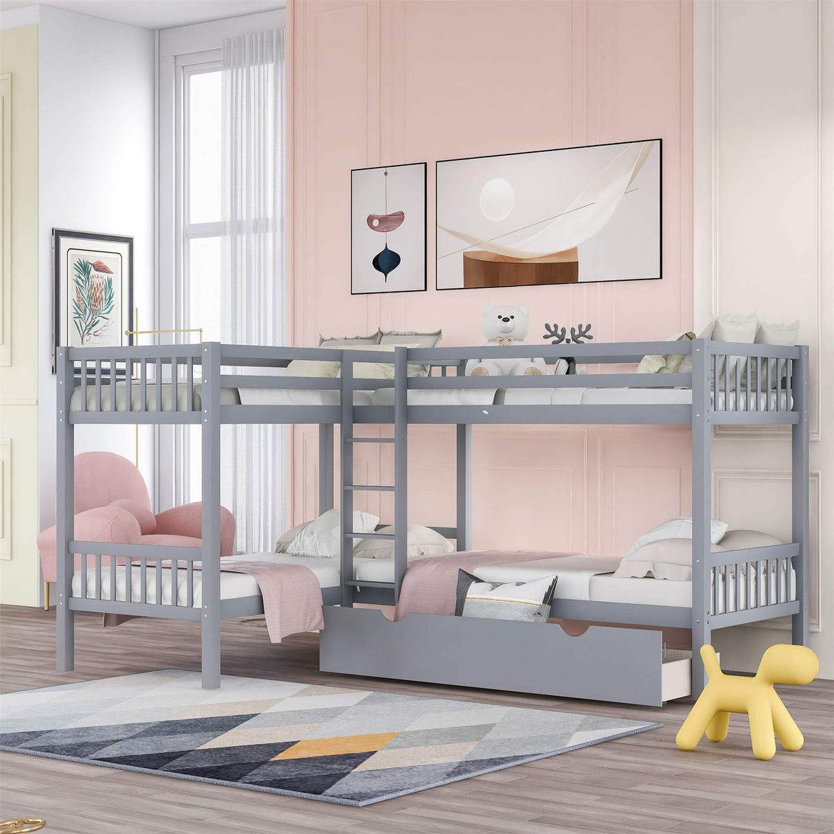 MERITLINE L-Shaped Bunk Beds for 4, Twin Over Twin Bunk Beds with Storage Drawers, Solid Wood Quad Bunk Beds for Kids, Teens, Girls,Boys, Grey MERITLINE