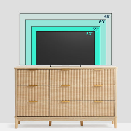LINSY Fluted 9 Drawer Dresser for Bedroom, 58" Wide Mid-Century Modern Tall Chest of Drawers, Deep Storage Dresser with Curved Corner Design, Large Accent Wood Cabinet for Bedroom, Oak LINSY