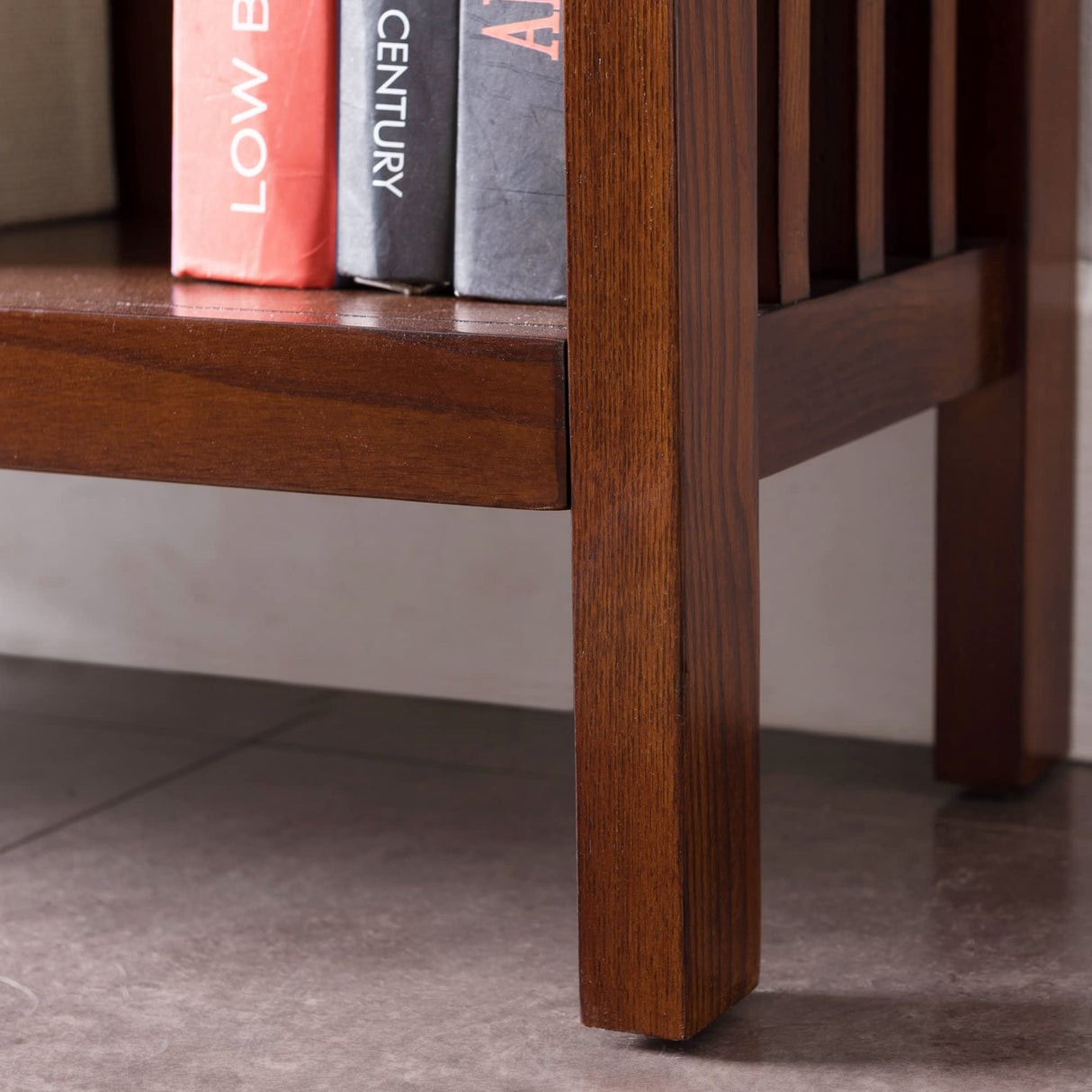 Leick Home 82262 Mission Mantel Height Bookcase with Slatted Sides and Top Drawer, Made with Solid Wood, for Living Rooms, Mission Oak Finish, Brownbronze Leick Home