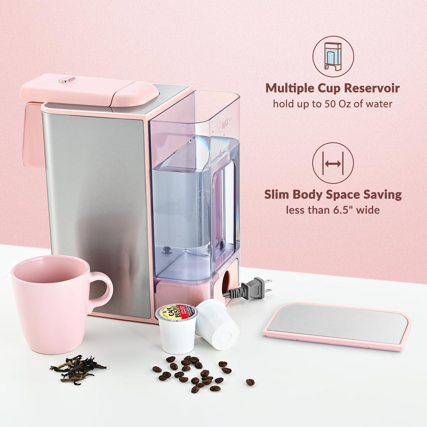 Mecity Pink Coffee Maker 3-in-1 Single Serve Coffee Machine, For Flat Bottom Coffee Capsule, Ground Coffee, 6 to 10 Ounce Cup, Removable 50 Oz Water Reservoir, 120V 1150W