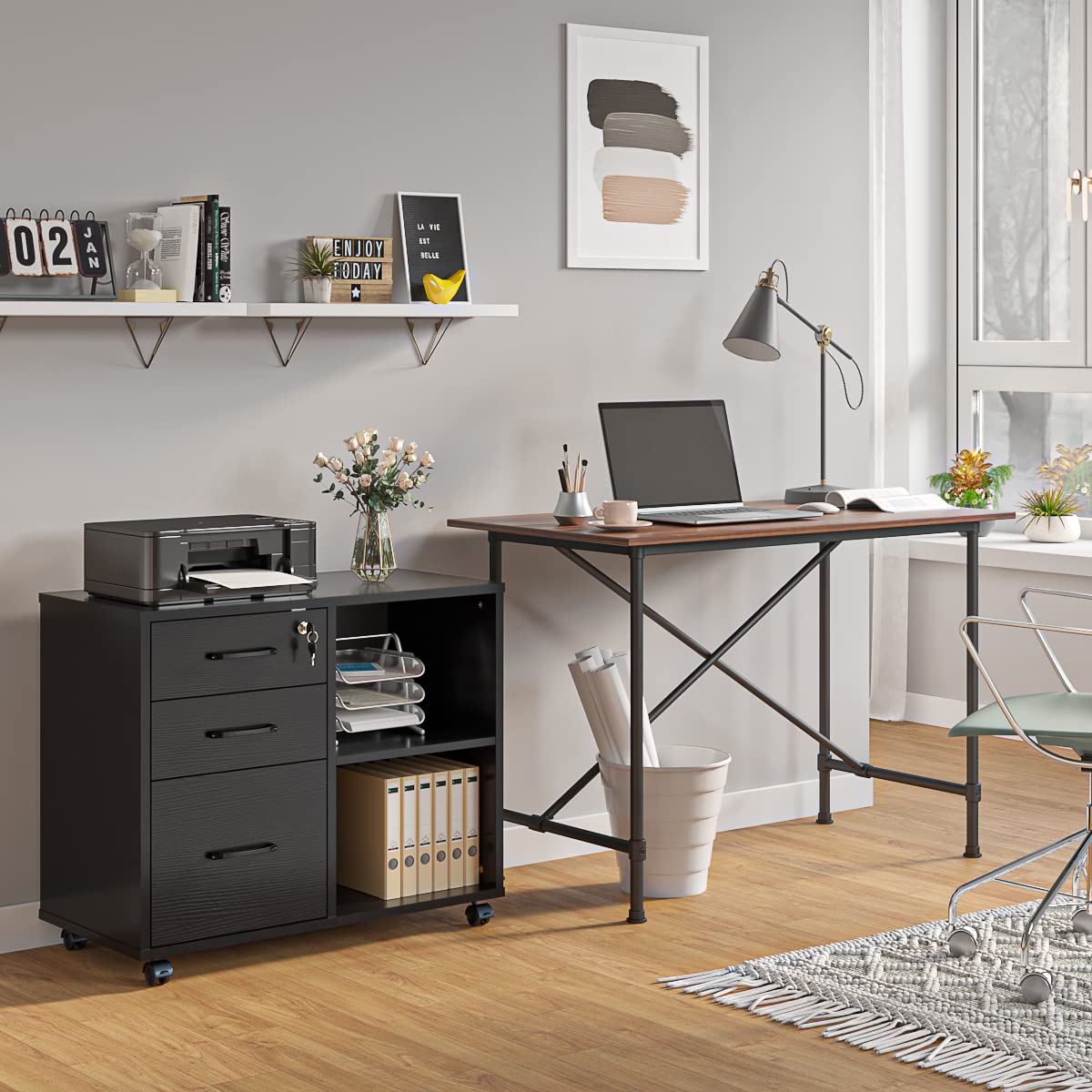 3 Drawer Office File Cabinets, Mobile Lateral Printer Stand with Open Storage Shelf, Rolling Filing Cabinet with Wheels Home Office Organization and Storage (Black) Panana