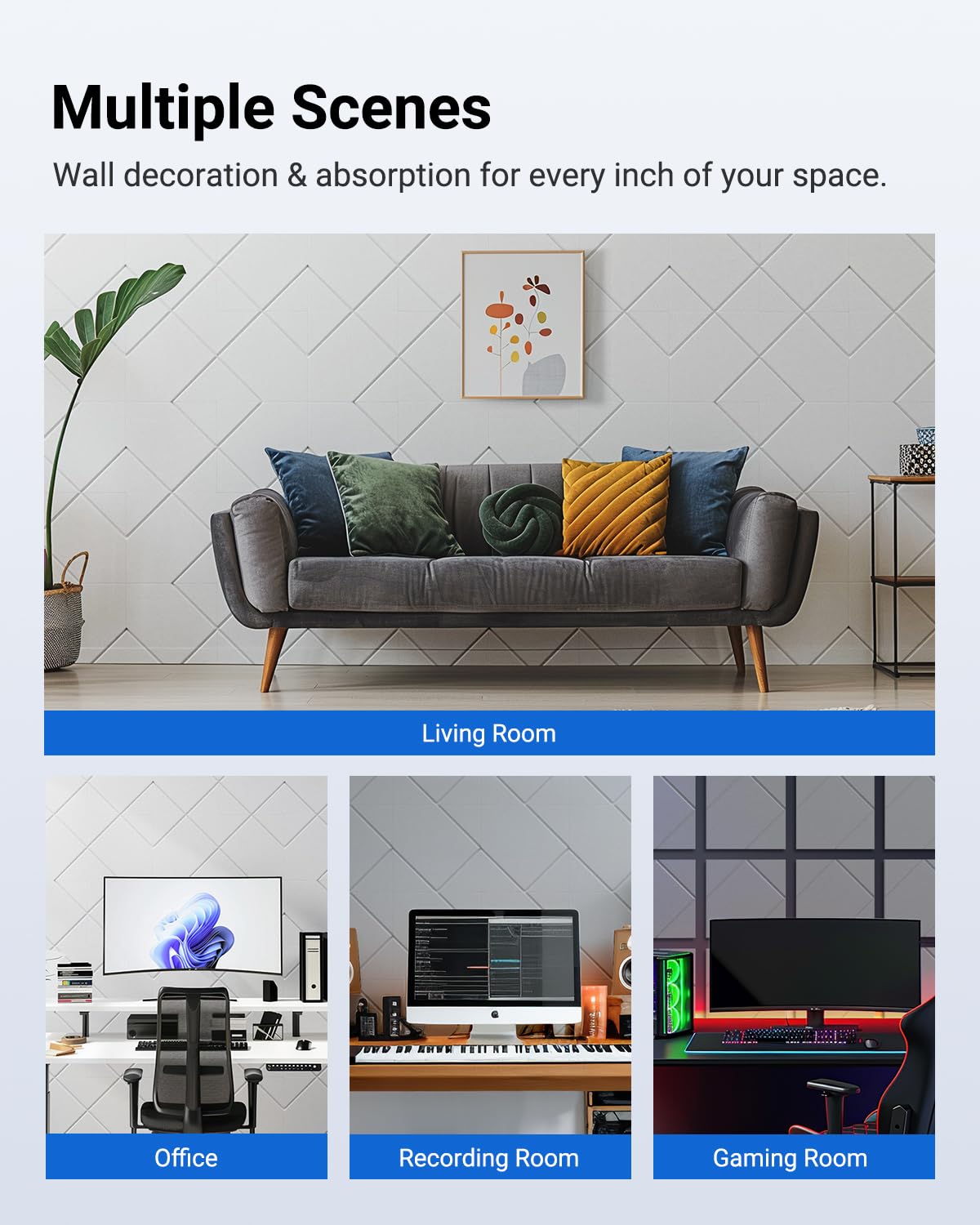 Topnaca 12 Pack Soundproof Wall Panels Self-Adhesive, 12" X 12" X 0.4" Sound proof panels for walls, High Density Acoustic Panels, Sound Absorbing Panel for Studio, Home, Offices(White) Topnaca