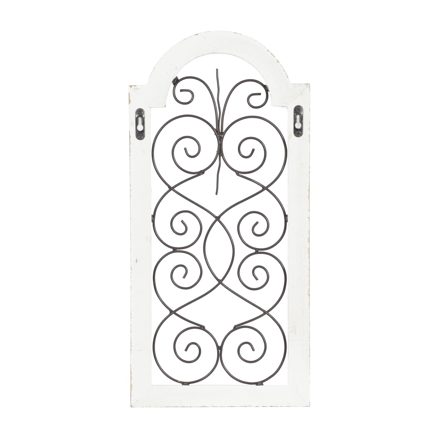 Deco 79 Wood Scroll Home Wall Decor Arched Window Inspired Wall Sculpture with Metal Scrollwork Relief, Wall Art 10" x 1" x 20", White