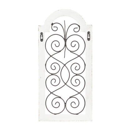 Deco 79 Wood Scroll Home Wall Decor Arched Window Inspired Wall Sculpture with Metal Scrollwork Relief, Wall Art 10" x 1" x 20", White