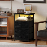 Fixwal Night Stand with Charging Station, LED Nightstand with Fabric Drawers, End Table with PU Finish, Bed Side Table, Black Oak Fixwal