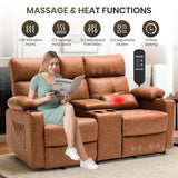 Consofa 68'' Power Reclining Loveseat with Massage and Heat | Double Recliner RV Sofa with Console | Wall Hugger Recliner Sofa | Rv Theater Seating | RV Furniture (PU Leather, Brown) Consofa