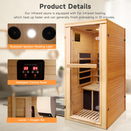 Far Infrared Sauna for Home Sauna 1 Person Infrared Sauna Room in Home Dry Sauna for Home Low EMF Hemlock Wood Sauna with Led Control Panel, Speaker and Tempered Glass Door RIGO