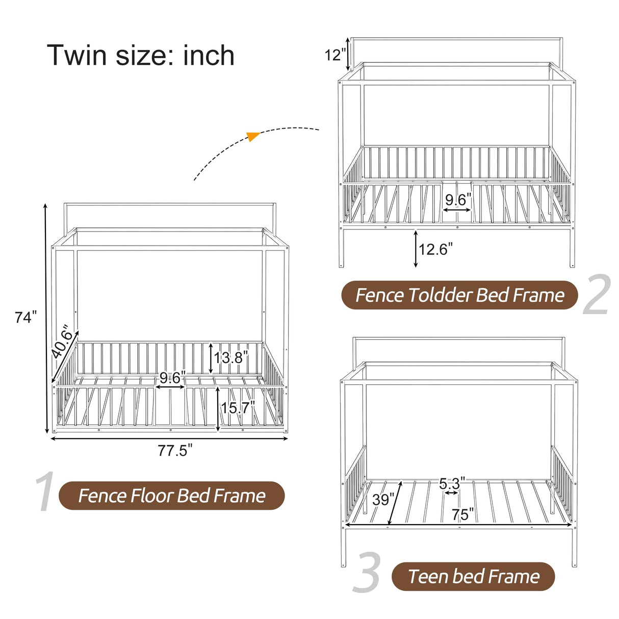 SOFTSEA 3-in-1 Convertible Twin Montessori Floor Bed, Twin Size Metal Canopy Bed with Metal Slats Support for Kids Teens, Adjustable Slats & Fence Guardrails, White SOFTSEA