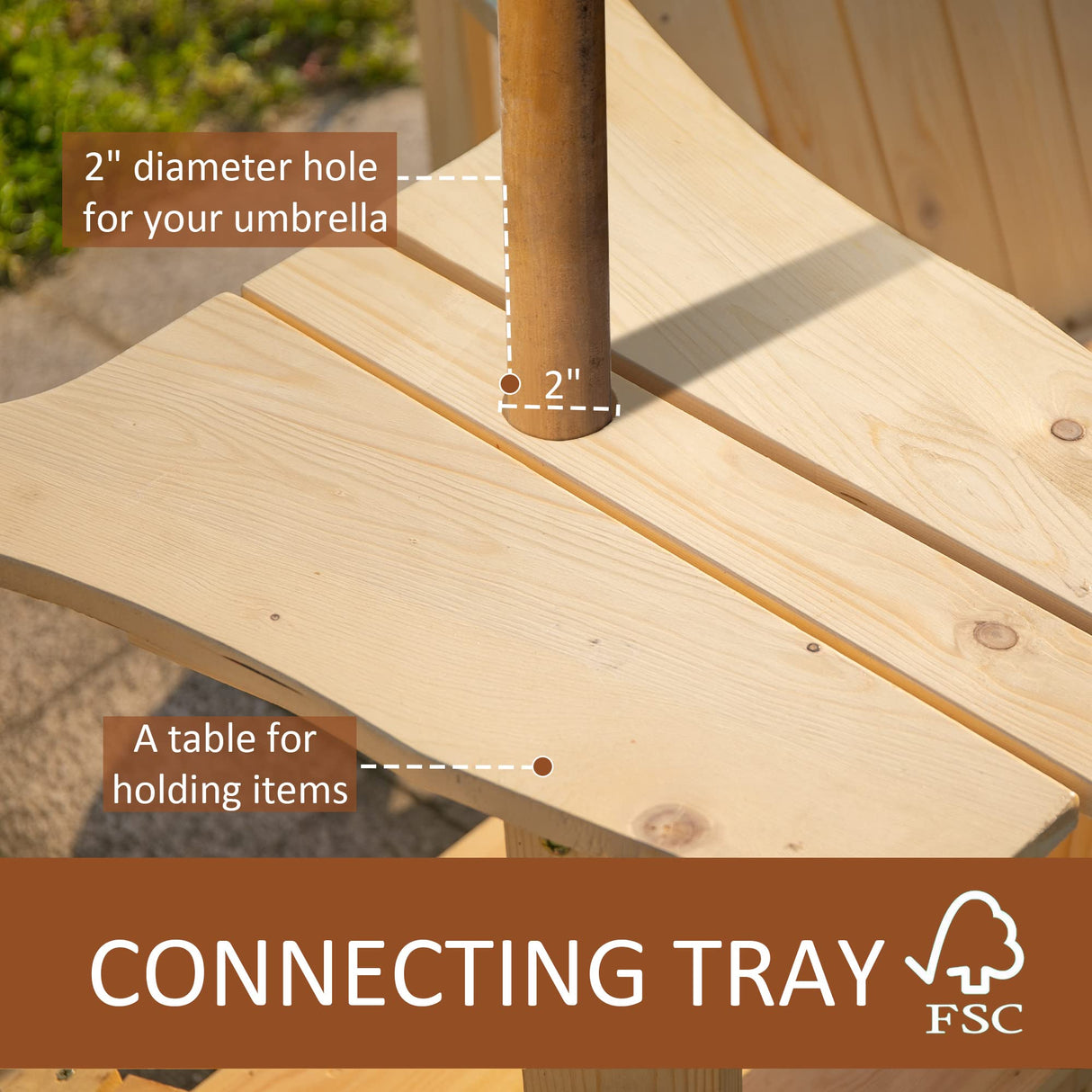 Outsunny Wooden Adirondack Chairs for Two People, Outdoor Fire Pit Chair with Table & Umbrella Hole, Patio Chair for Deck Lawn Pool Backyard, Natural Outsunny