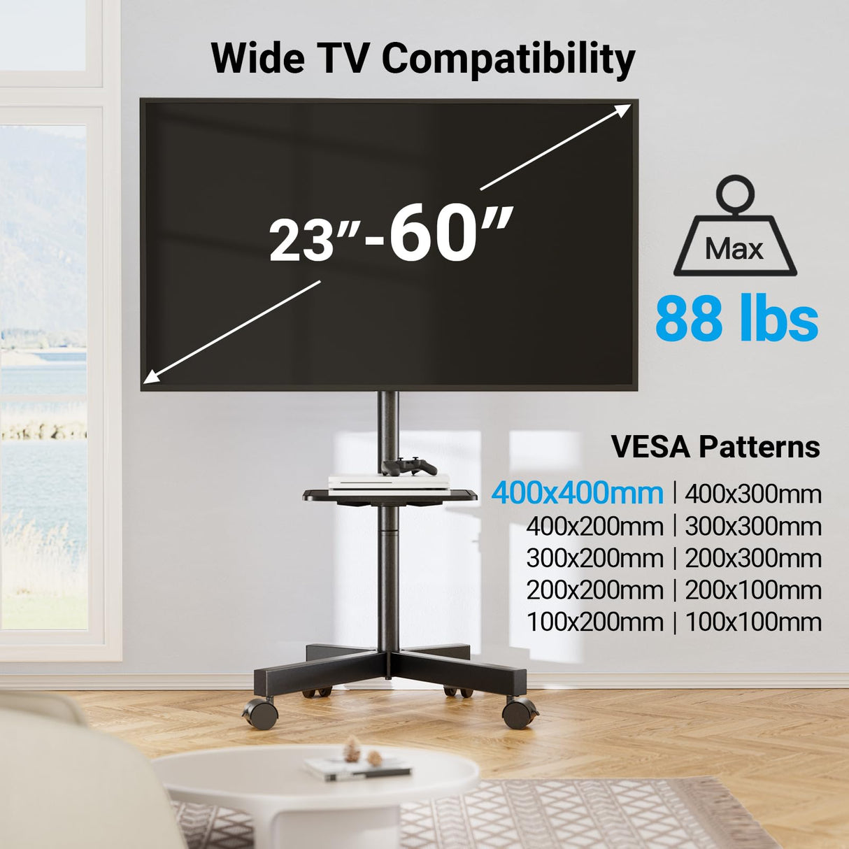 PERLESMITH Mobile TV Stand for 23-60 Inch LCD LED Flat/Curved Panel Screen TVs, Tilt TV Cart Holds up to 88Lbs Portable Stand with Laptop Shelf Rolling Floor Max VESA 400x400mm (PSTVMC06) PERLESMITH