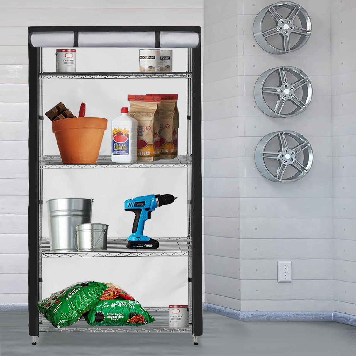 Dalema Waterproof Shelf Cover,600D Heavy Duty Dustproof Storage Wire Rack Covers,Outdoor Shelving Covers for Wire Shelves with Zipper 48''x18''x72'',Black,Cover Only Dalema