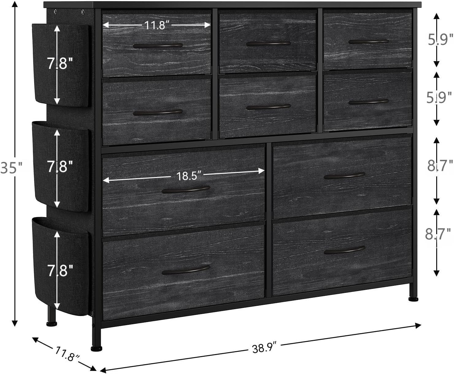 Jojoka Dresser for Bedroom with 10 Drawers, Dressers & Chest of Drawers, Fabric Storage Drawer with Side Pockets for Kids Room, Closet, Hallway, Entryway, Living Room (Black) - WoodArtSupply