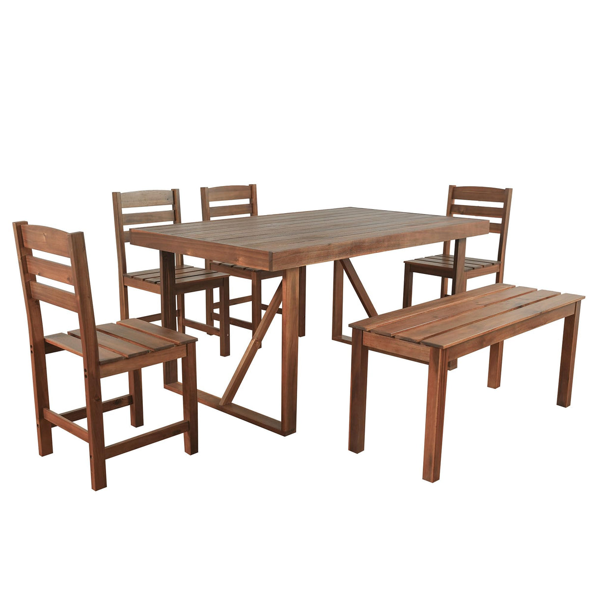 Amposei Outdoor Wood Dining Table Set 6-Piece Patio Dining Furniture Table Set with 4 Chairs & Bench for Garden, Balcony, Backyard, Brown Amposei